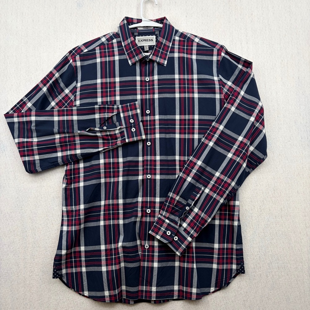 Express Mens Fitted Plaid Button Down Shirt Navy Red White 100% Cotton Large L